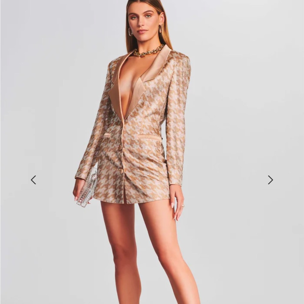 Retrofete Jules Embelished Blazer Mini Dress XS Gold Sequin Houndstooth